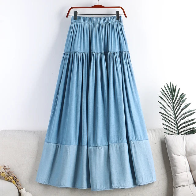 Vintage Long Patchwork Denim Skirt Women Fashion High Waist Retro A-line Jean Skirt Female Blue Midi Skirt Lady