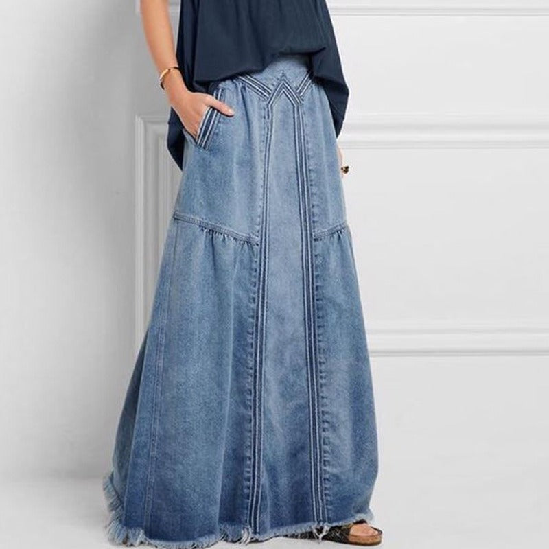 Fashion Street Skirt Summer A Line Denim Skirt Women Autumn Sun Skirt Casual Solid High Waist Women's Long Skirt