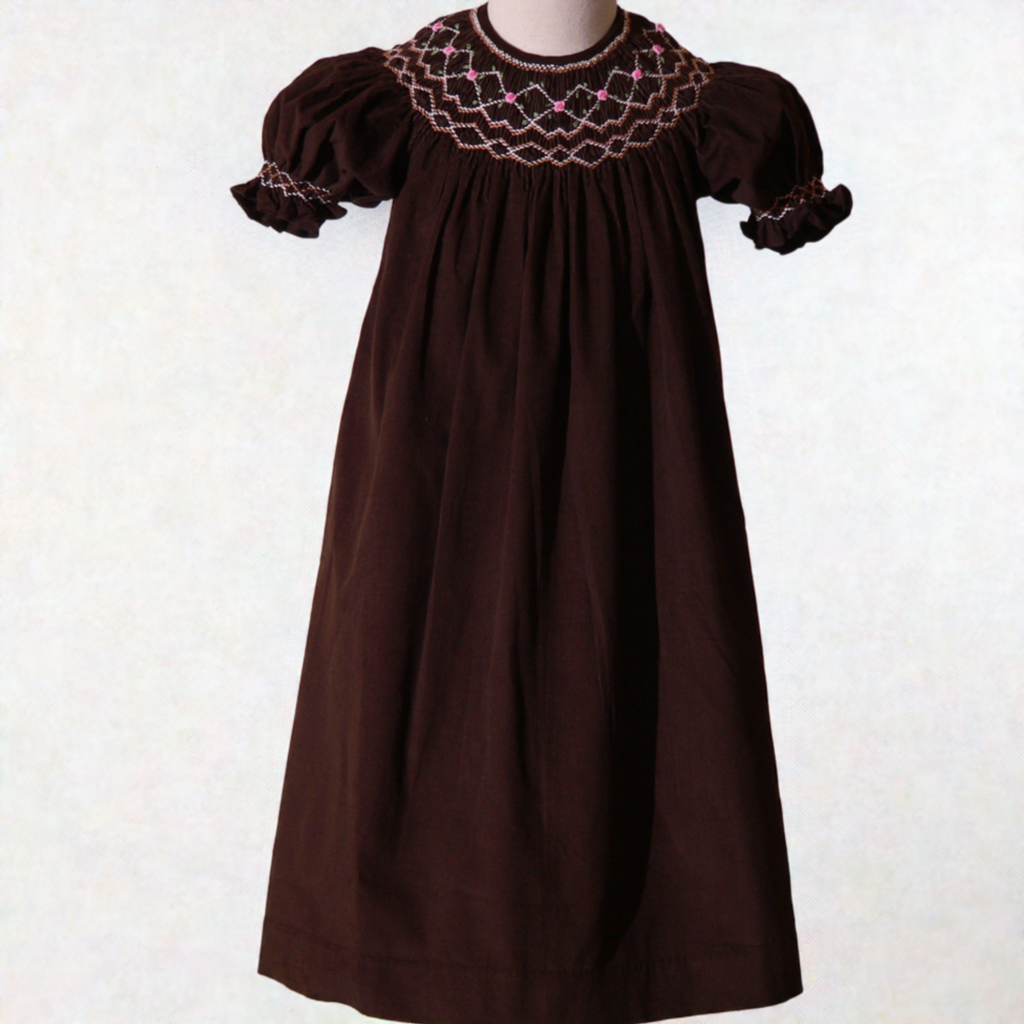 Brown Corduroy Geo Smocked Bishop Dress