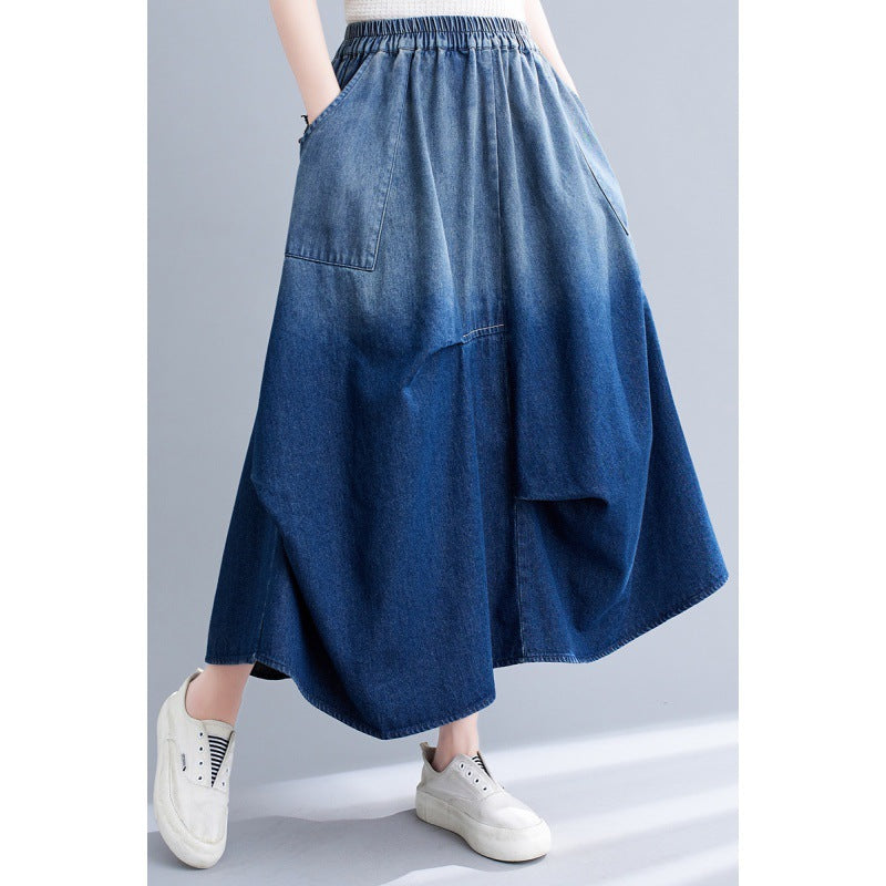 Gradient Pocket Asymmetrical Skirts Loose Elastic Waist Folds 2023 Autumn New Arrival Casual Fashion All Match