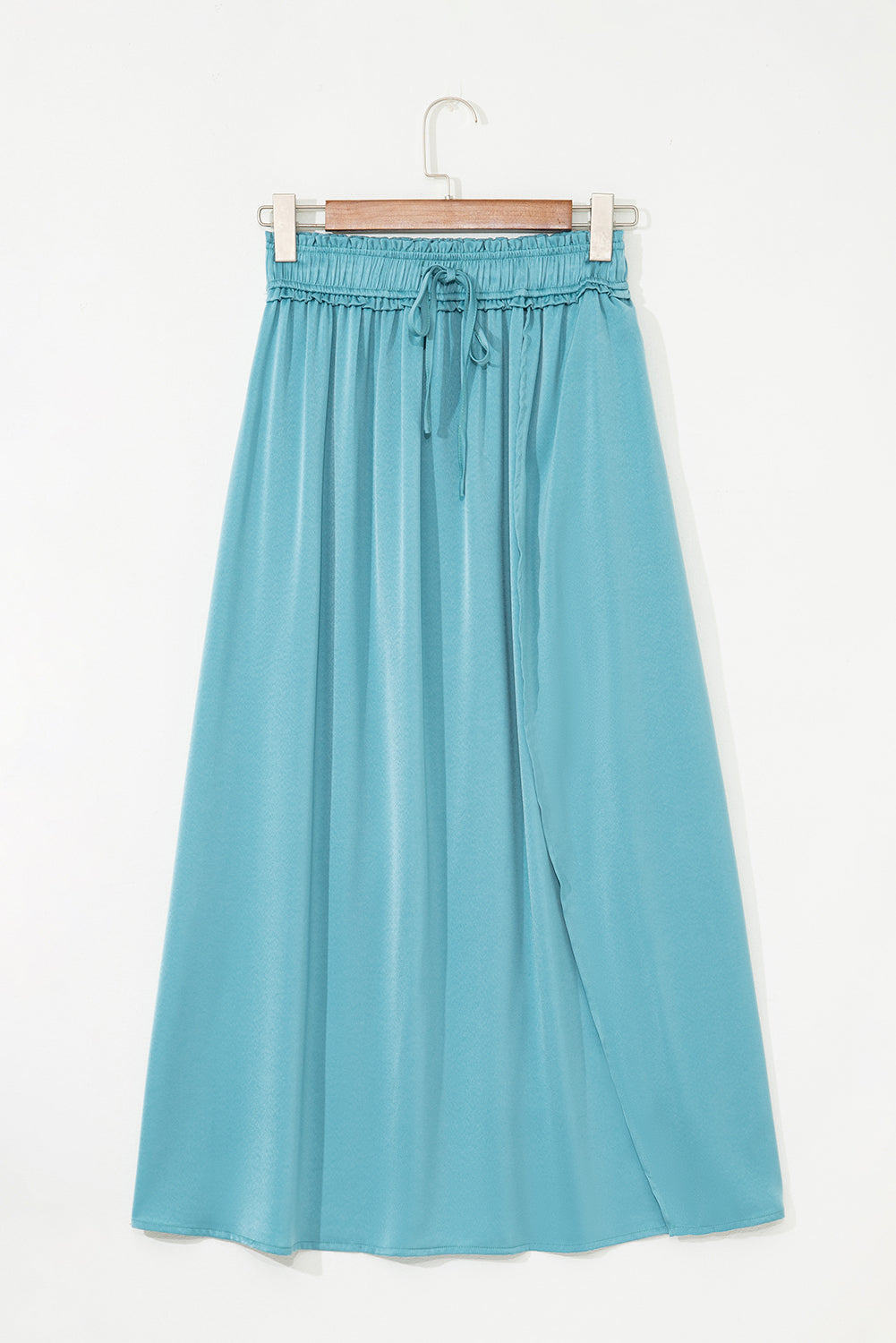 Peacock Blue Drawstring Split Side Flowy Long Skirt