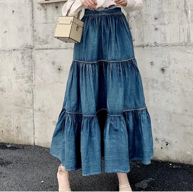 Summer Vintage smocked denim ball gown skirt women elastic waist stitching long cake skirt