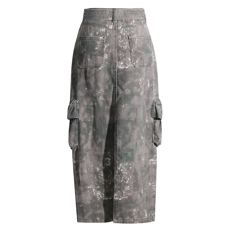 Workwear style long spliced skirt, new camouflage versatile, high-end feeling, hip hugging denim skirt for women