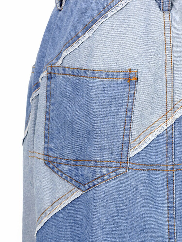 Women's Denim Skirt High Waist Diagonal Patchwork Contrast Color Asymmetric Long Skirts