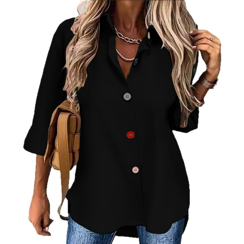 European and American solid color short sleeved fashionable button up shirt top