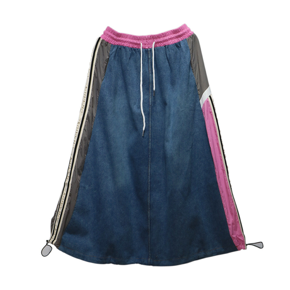 Trendy brand contrasting splicing denim skirt, personalized Hong Kong style loose casual versatile A-line skirt