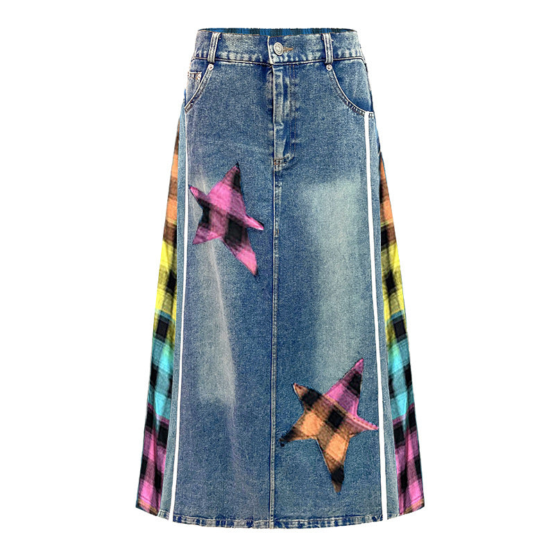 European and American retro plaid high waisted denim skirt loose and street style personalized Hong Kong style A-line skirt