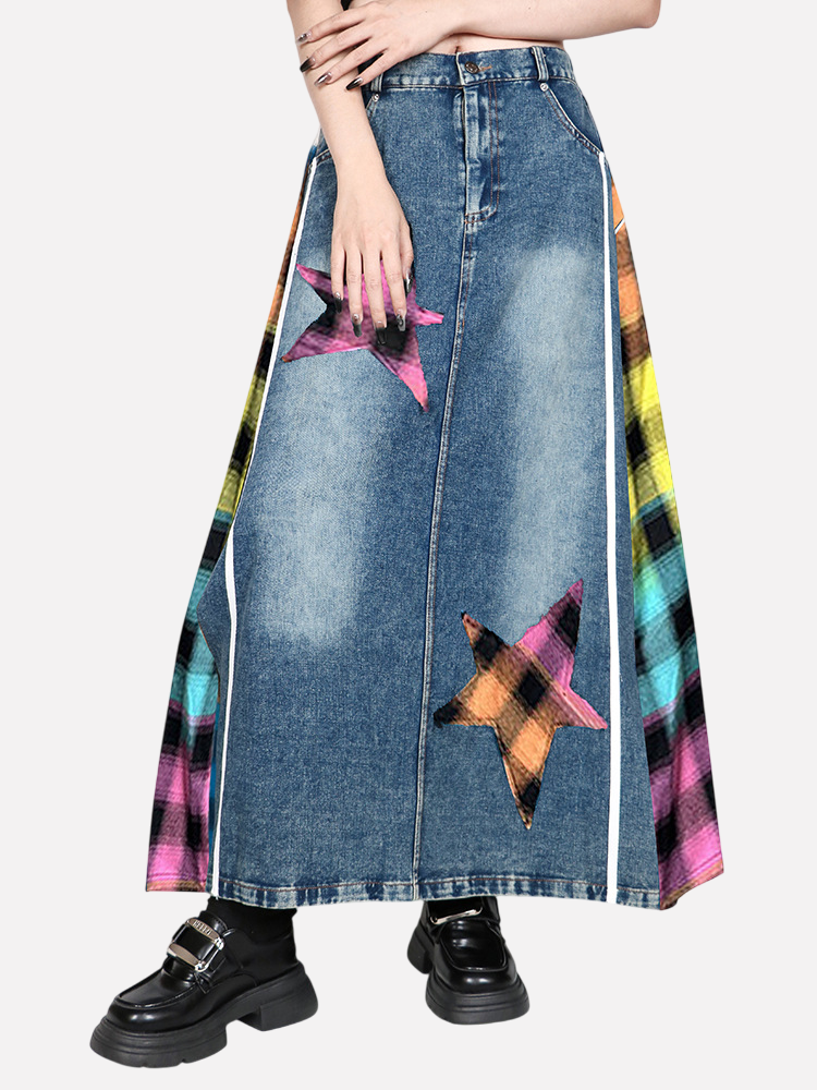 European and American retro plaid high waisted denim skirt loose and street style personalized Hong Kong style A-line skirt