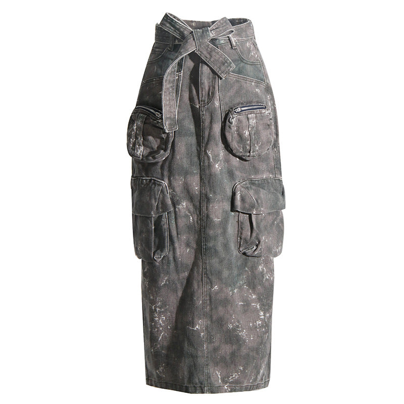 Workwear style long spliced skirt, new camouflage versatile, high-end feeling, hip hugging denim skirt for women