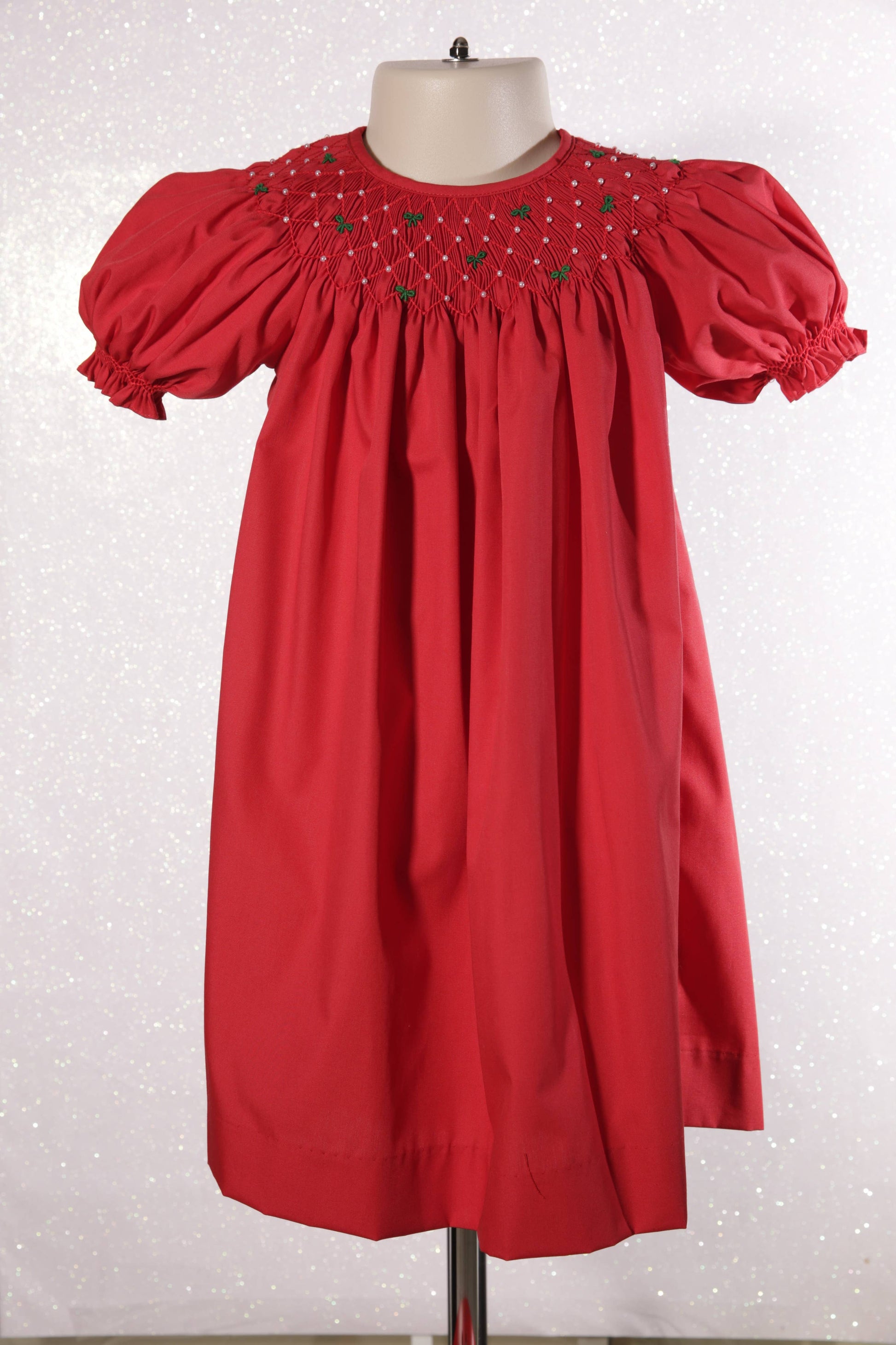 Christmas Red Smocked With Green Bows Bishop Dress