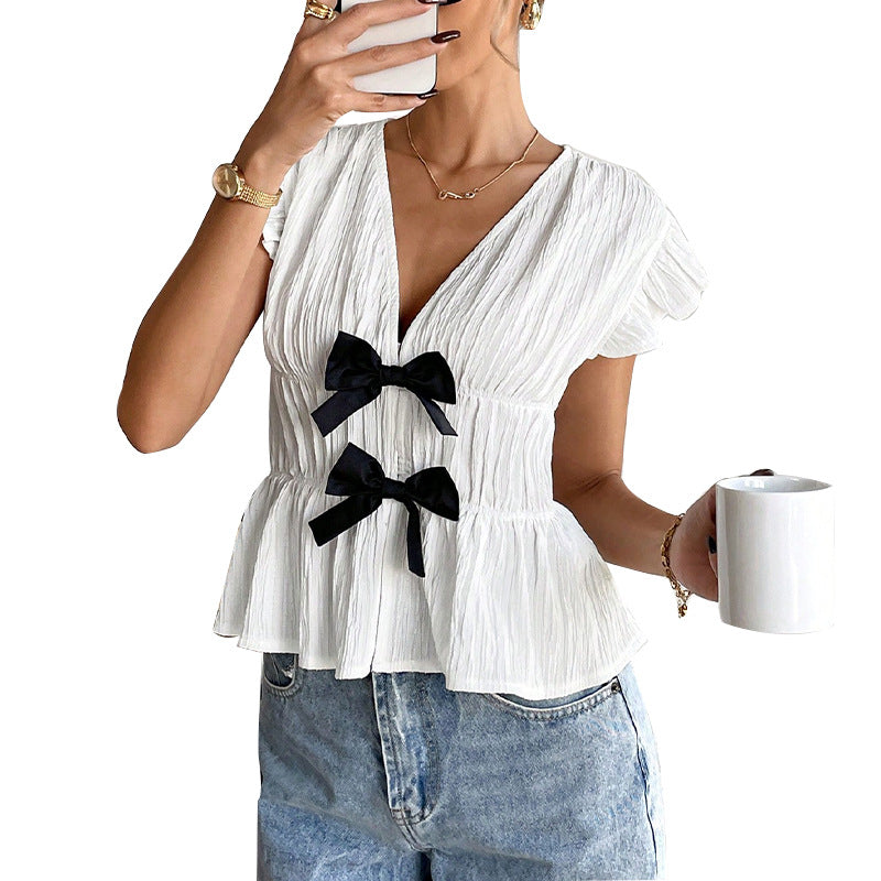 Short sleeved shirt bow cardigan shirt for women