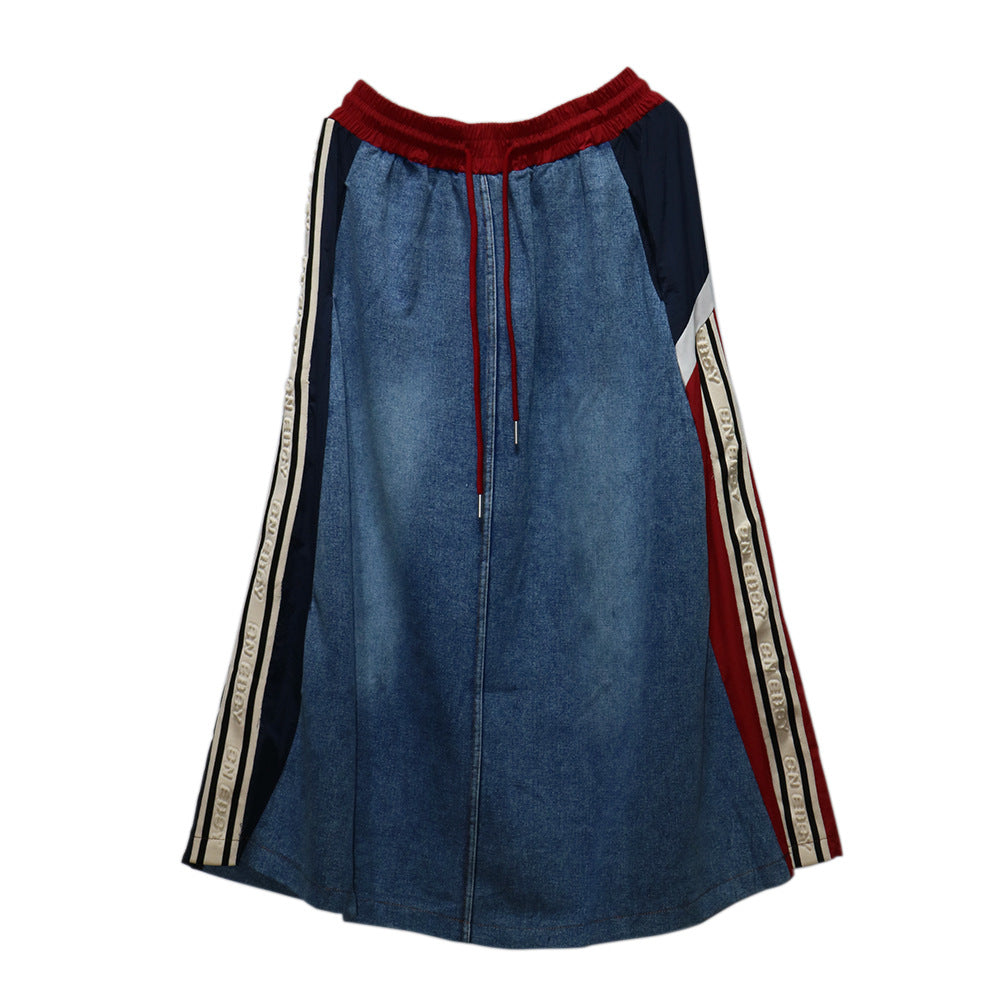 Trendy brand contrasting splicing denim skirt, personalized Hong Kong style loose casual versatile A-line skirt