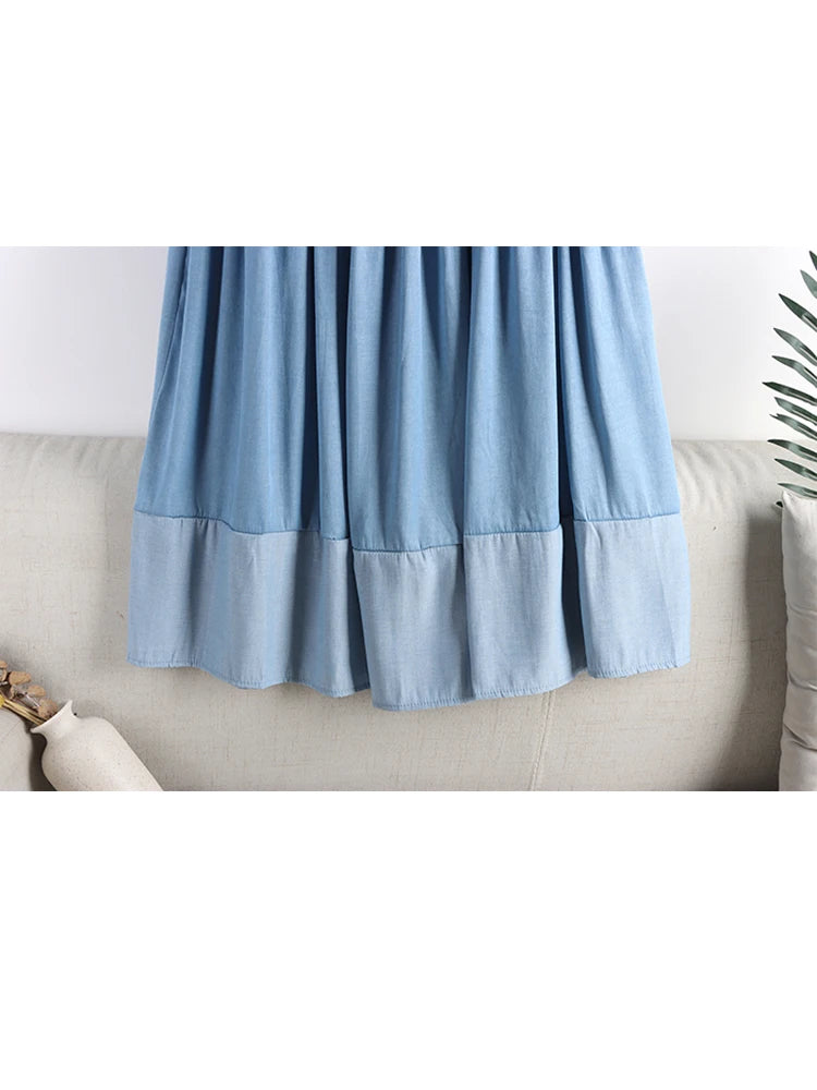 Vintage Long Patchwork Denim Skirt Women Fashion High Waist Retro A-line Jean Skirt Female Blue Midi Skirt Lady