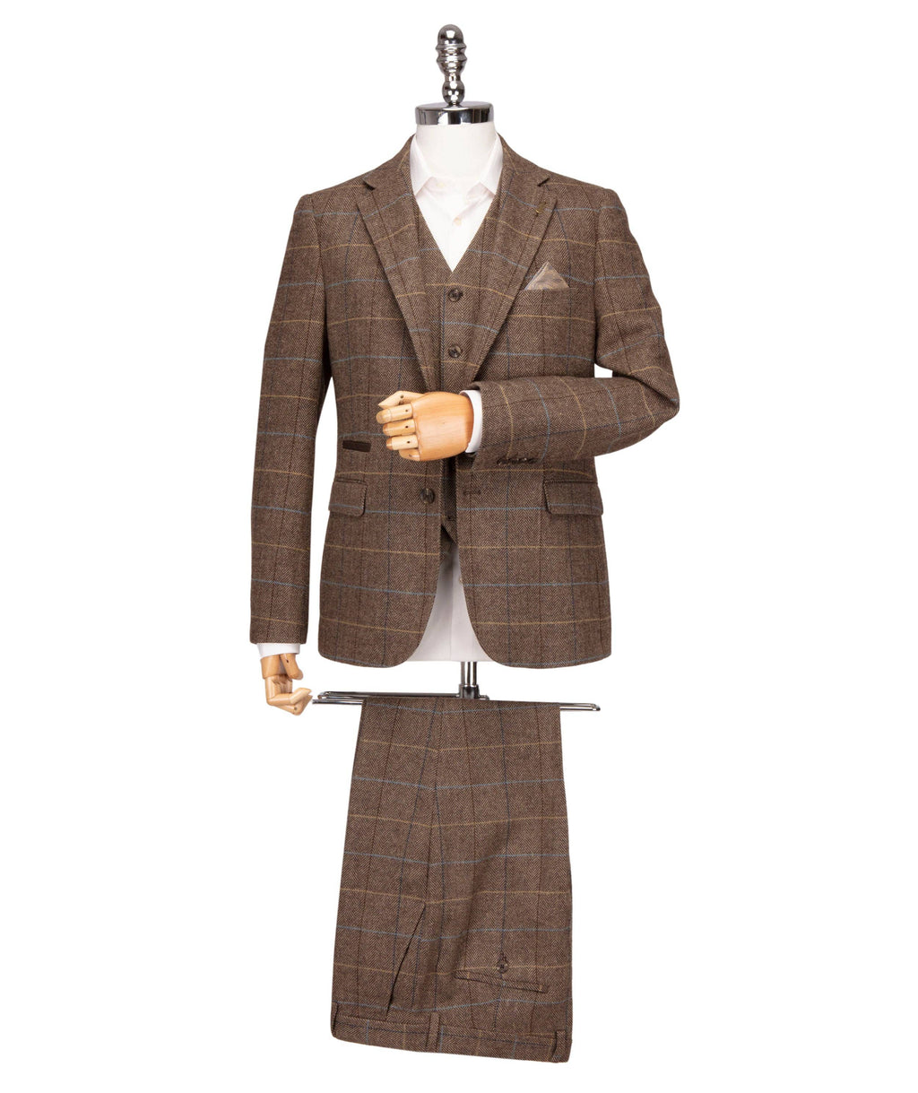 Tweed Checked Jacket in Rich Brown Herringbone - Sergio