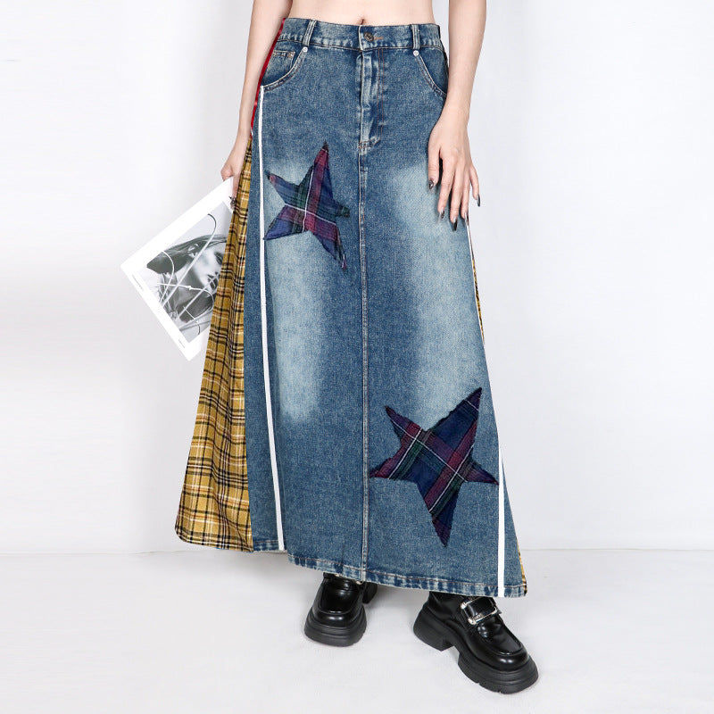 European and American retro plaid high waisted denim skirt loose and street style personalized Hong Kong style A-line skirt