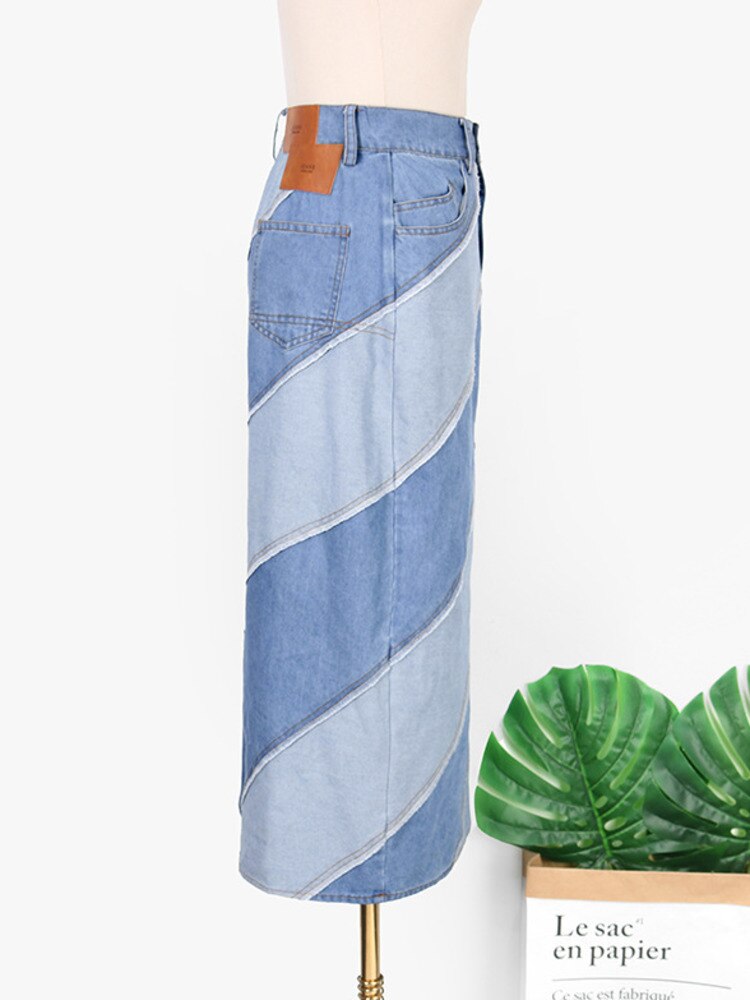 Women's Denim Skirt High Waist Diagonal Patchwork Contrast Color Asymmetric Long Skirts