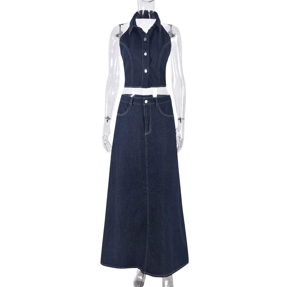 Newly exposed navel and backless washed denim skirt set for women's clothing