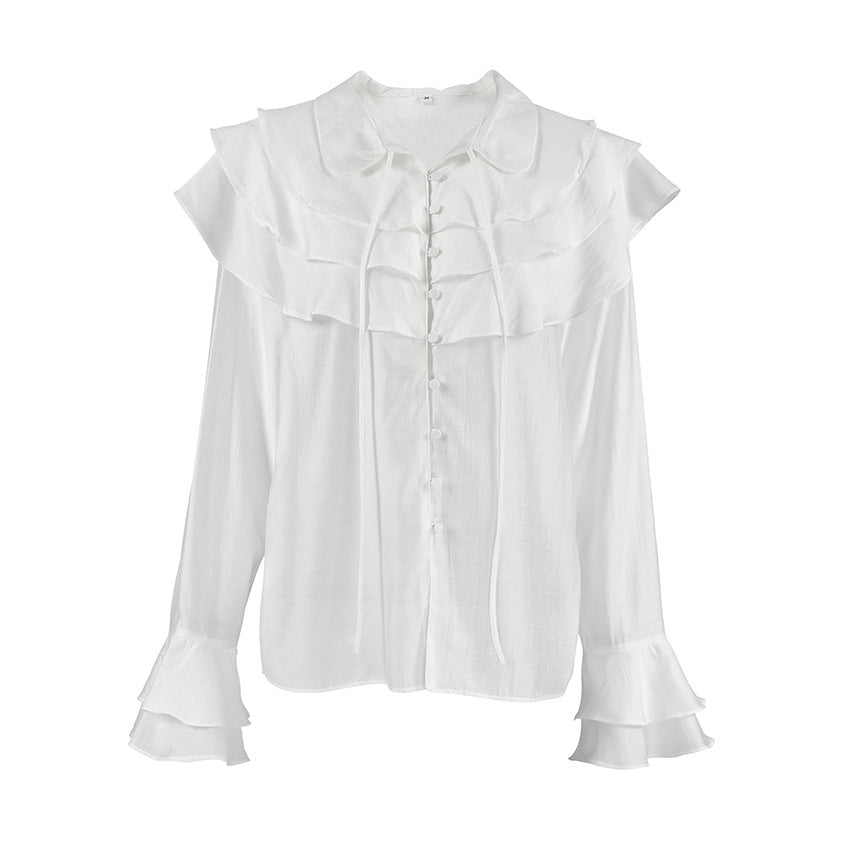 French white ruffled top women's trumpet sleeve Tencel shirt