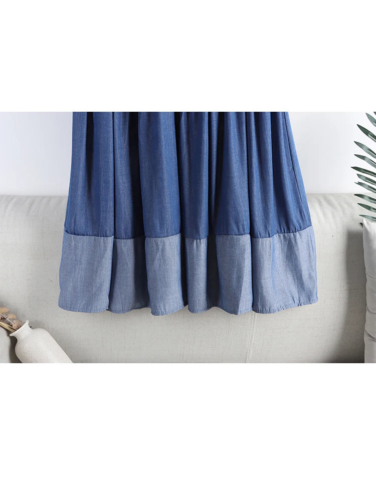 Vintage Long Patchwork Denim Skirt Women Fashion High Waist Retro A-line Jean Skirt Female Blue Midi Skirt Lady