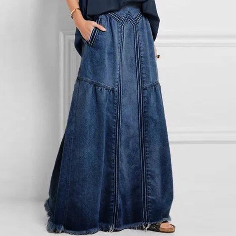 Fashion Street Skirt Summer A Line Denim Skirt Women Autumn Sun Skirt Casual Solid High Waist Women's Long Skirt