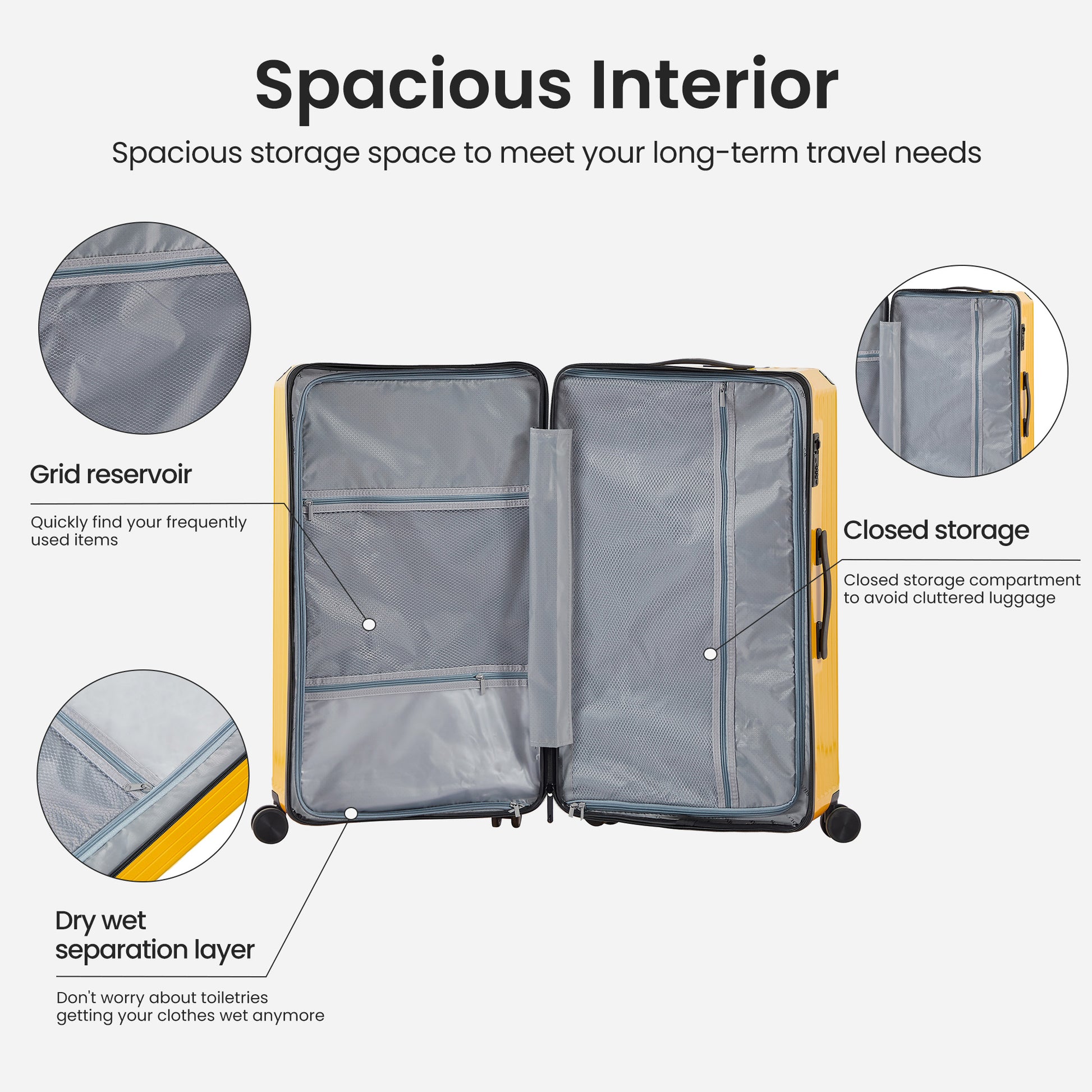 Luggage Set 4 pcs (20"/24"/29"/Travel Bag), PC+ABS Durable Lightweight Luggage with Collapsible Cup Holder TSA Lock, Yellow
