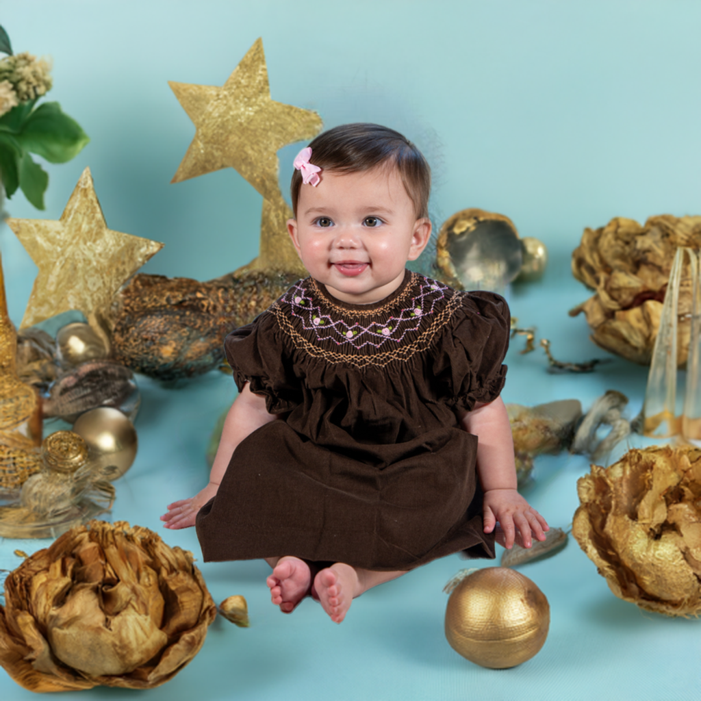 Chocolate Brown Corduroy Geo Smocked Bishop Dress