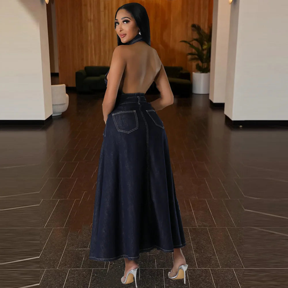 Newly exposed navel and backless washed denim skirt set for women's clothing