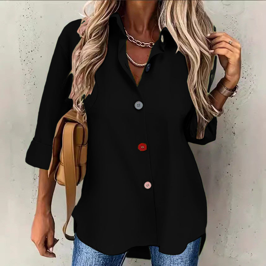 European and American solid color short sleeved fashionable button up shirt top