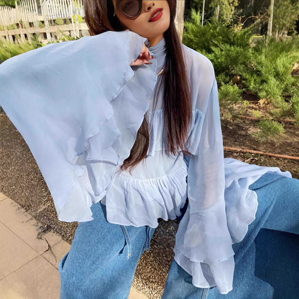 Blue flared sleeve ruffle edge shirt top women's long sleeved shirt