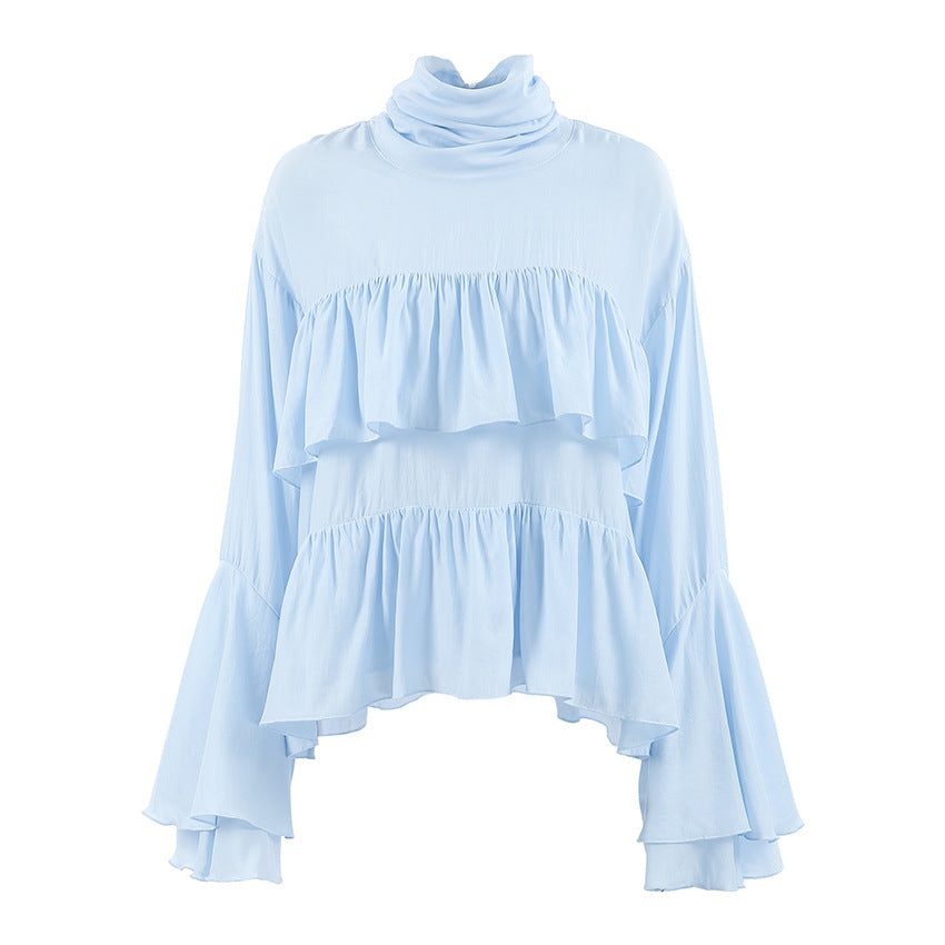Blue flared sleeve ruffle edge shirt top women's long sleeved shirt