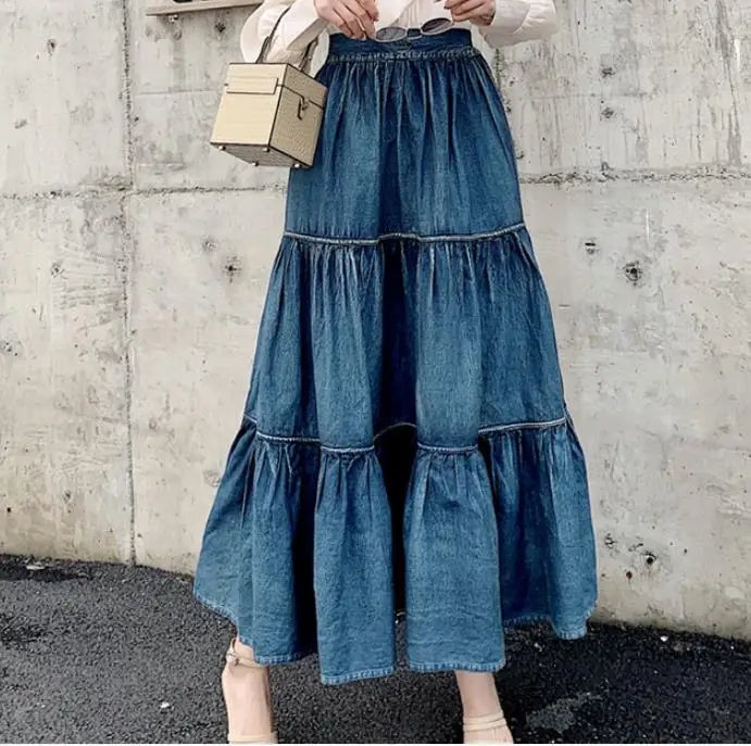 Summer Vintage smocked denim ball gown skirt women elastic waist stitching long cake skirt