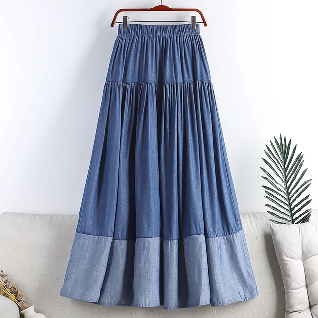 Vintage Long Patchwork Denim Skirt Women Fashion High Waist Retro A-line Jean Skirt Female Blue Midi Skirt Lady