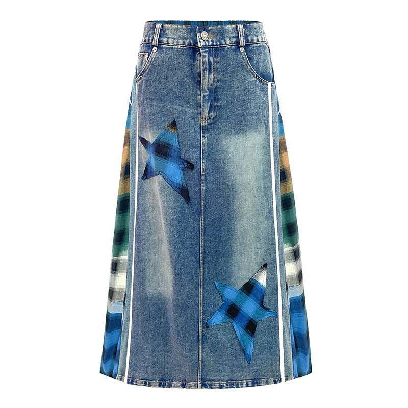 European and American retro plaid high waisted denim skirt loose and street style personalized Hong Kong style A-line skirt