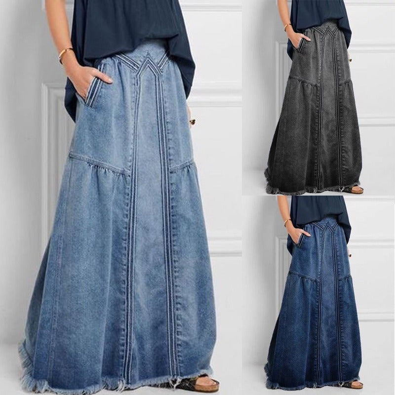 Fashion Street Skirt Summer A Line Denim Skirt Women Autumn Sun Skirt Casual Solid High Waist Women's Long Skirt