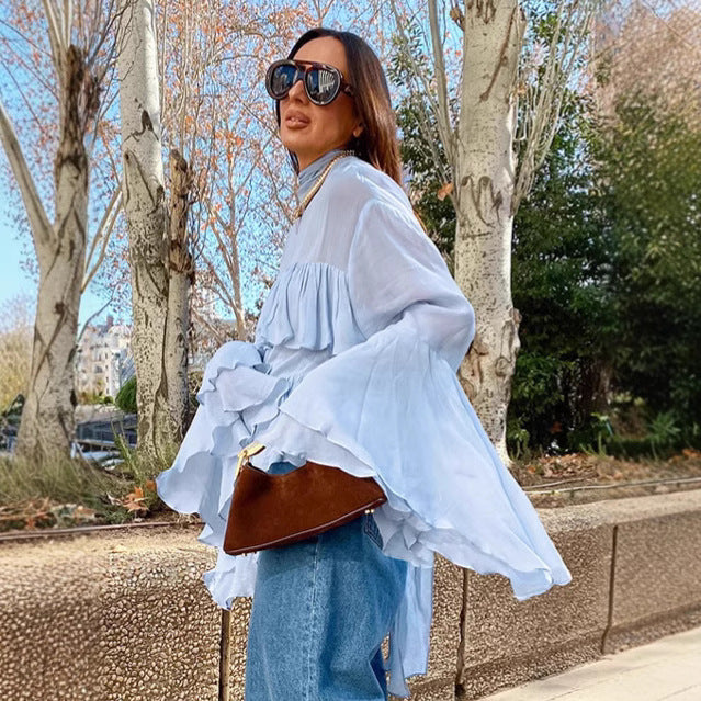Blue flared sleeve ruffle edge shirt top women's long sleeved shirt