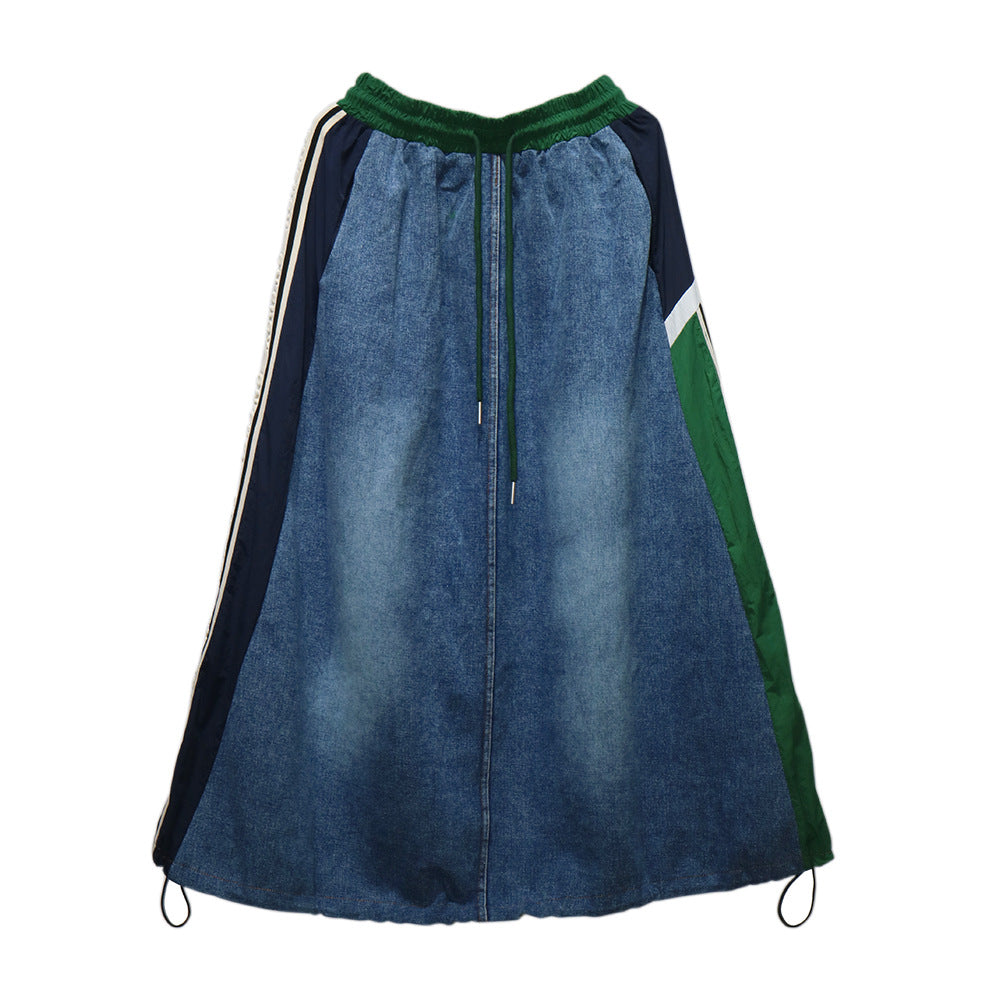 Trendy brand contrasting splicing denim skirt, personalized Hong Kong style loose casual versatile A-line skirt