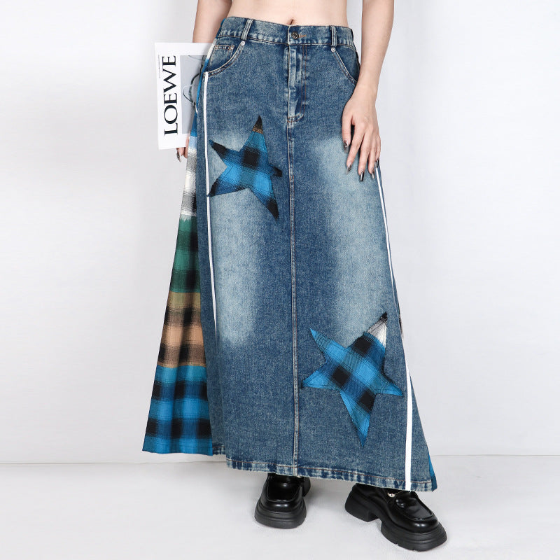 European and American retro plaid high waisted denim skirt loose and street style personalized Hong Kong style A-line skirt