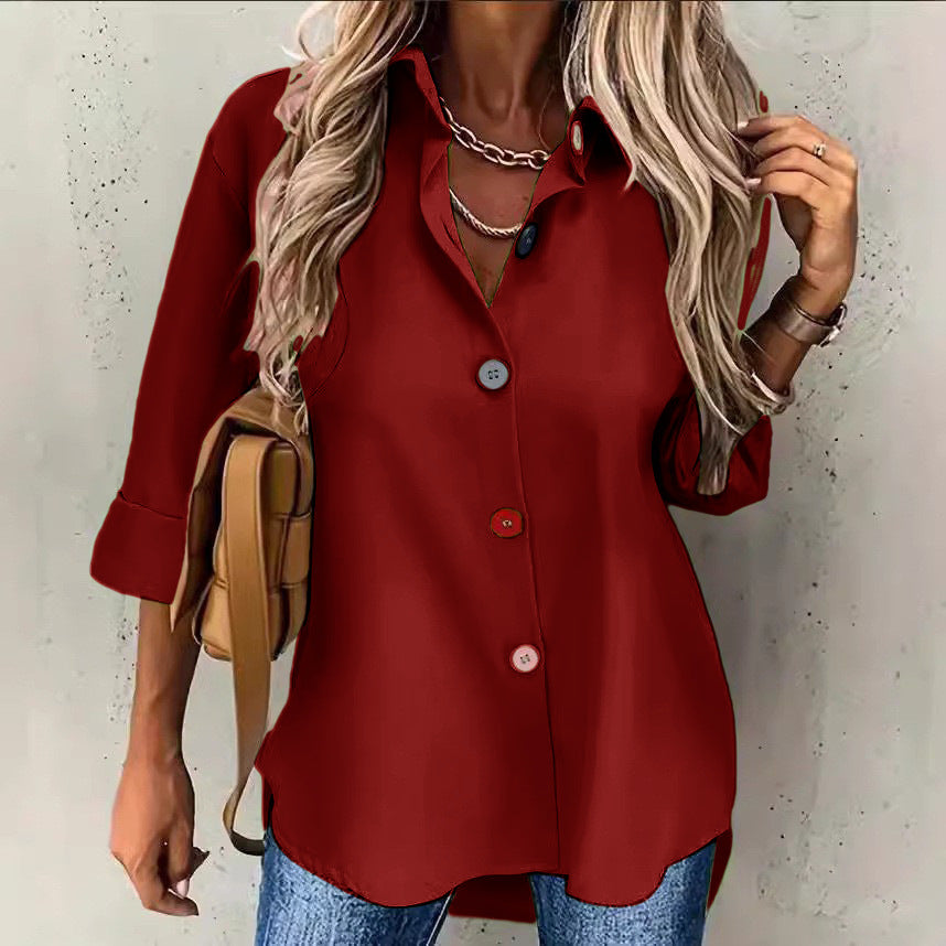 European and American solid color short sleeved fashionable button up shirt top