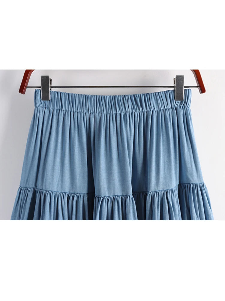 Vintage Long Patchwork Denim Skirt Women Fashion High Waist Retro A-line Jean Skirt Female Blue Midi Skirt Lady