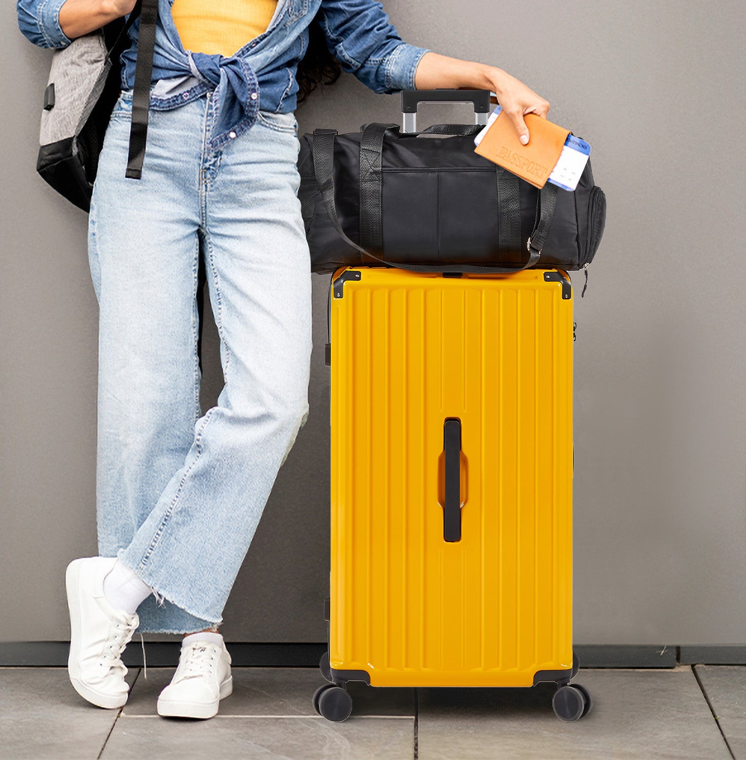 Luggage Set 4 pcs (20"/24"/29"/Travel Bag), PC+ABS Durable Lightweight Luggage with Collapsible Cup Holder TSA Lock, Yellow