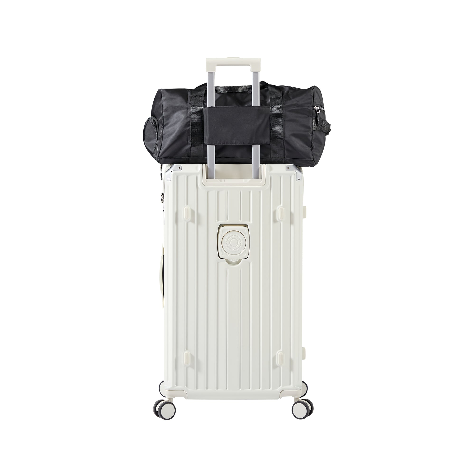 Luggage Set 4 pcs (20"/24"/29"/Travel Bag), PC+ABS Durable Lightweight Luggage with Collapsible Cup Holder、 TSA Lock, White