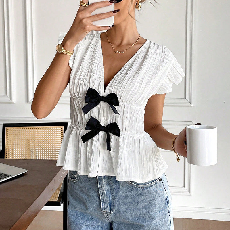 Short sleeved shirt bow cardigan shirt for women