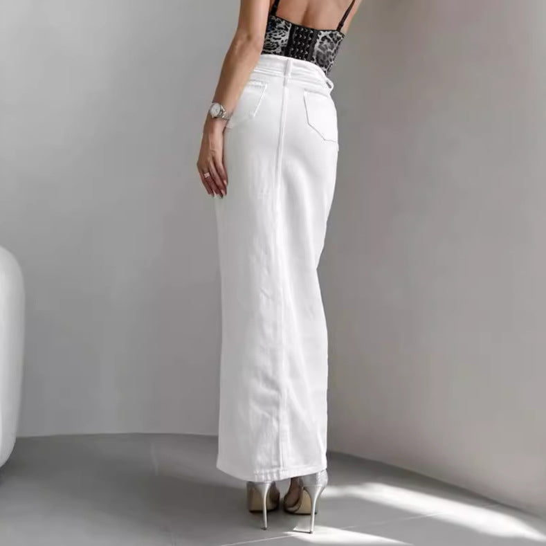 Fashionable design hip hugging denim skirt high waisted casual long skirt