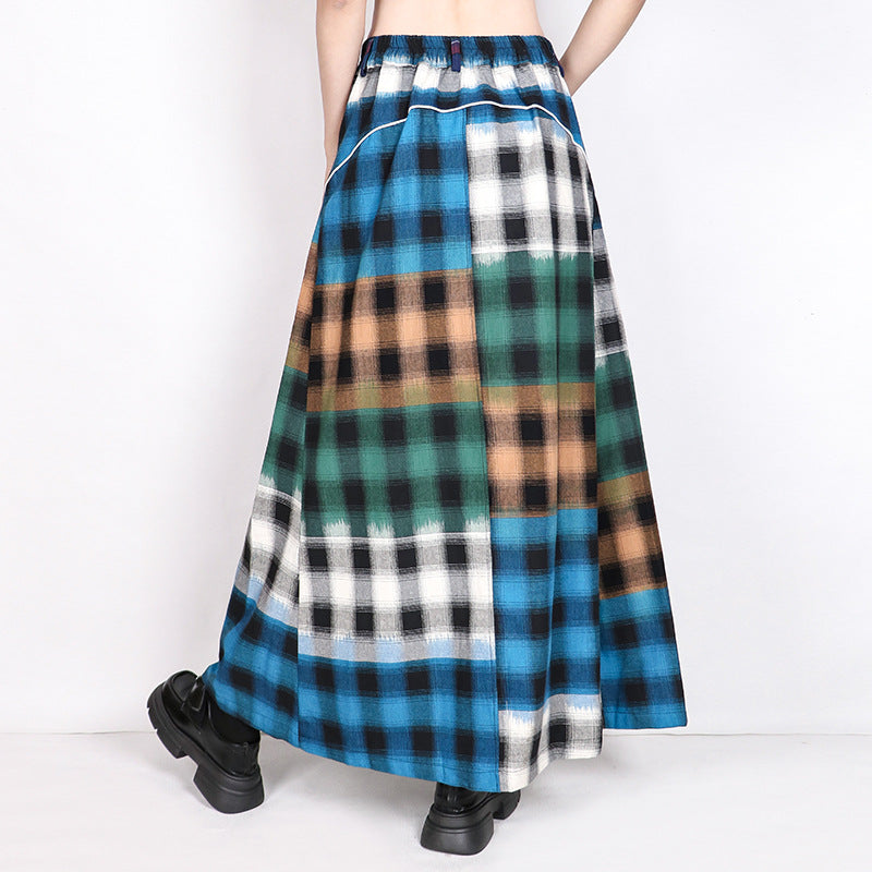 European and American retro plaid high waisted denim skirt loose and street style personalized Hong Kong style A-line skirt