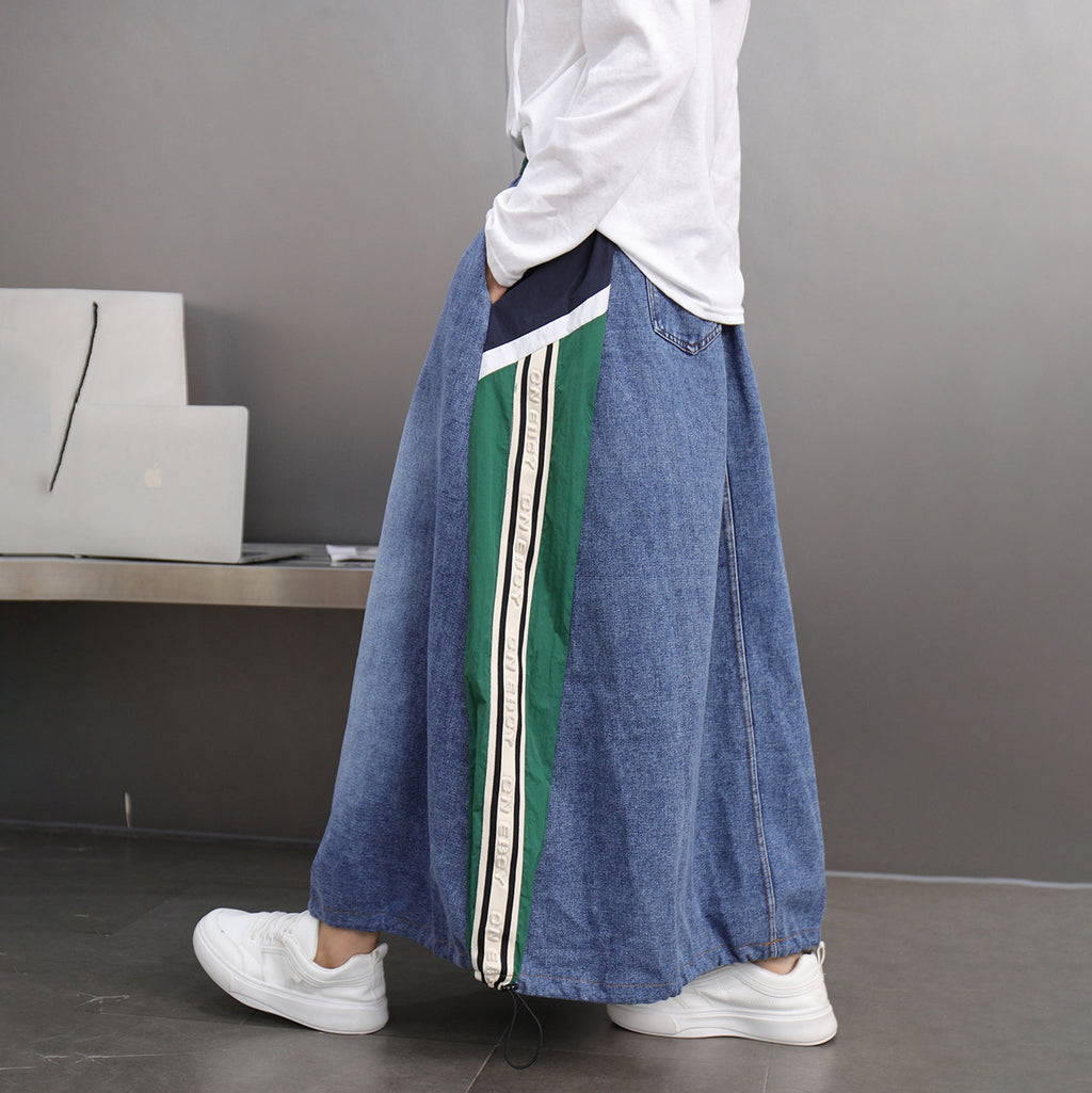 Trendy brand contrasting splicing denim skirt, personalized Hong Kong style loose casual versatile A-line skirt