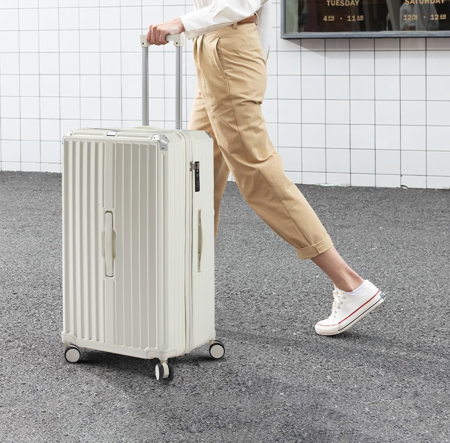 Luggage Set 4 pcs (20"/24"/29"/Travel Bag), PC+ABS Durable Lightweight Luggage with Collapsible Cup Holder、 TSA Lock, White
