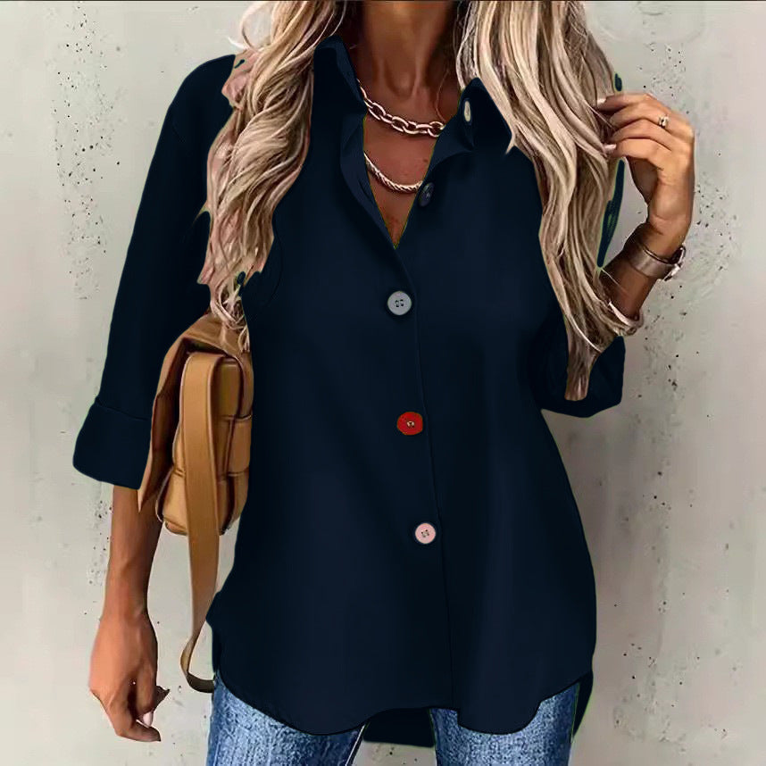 European and American solid color short sleeved fashionable button up shirt top