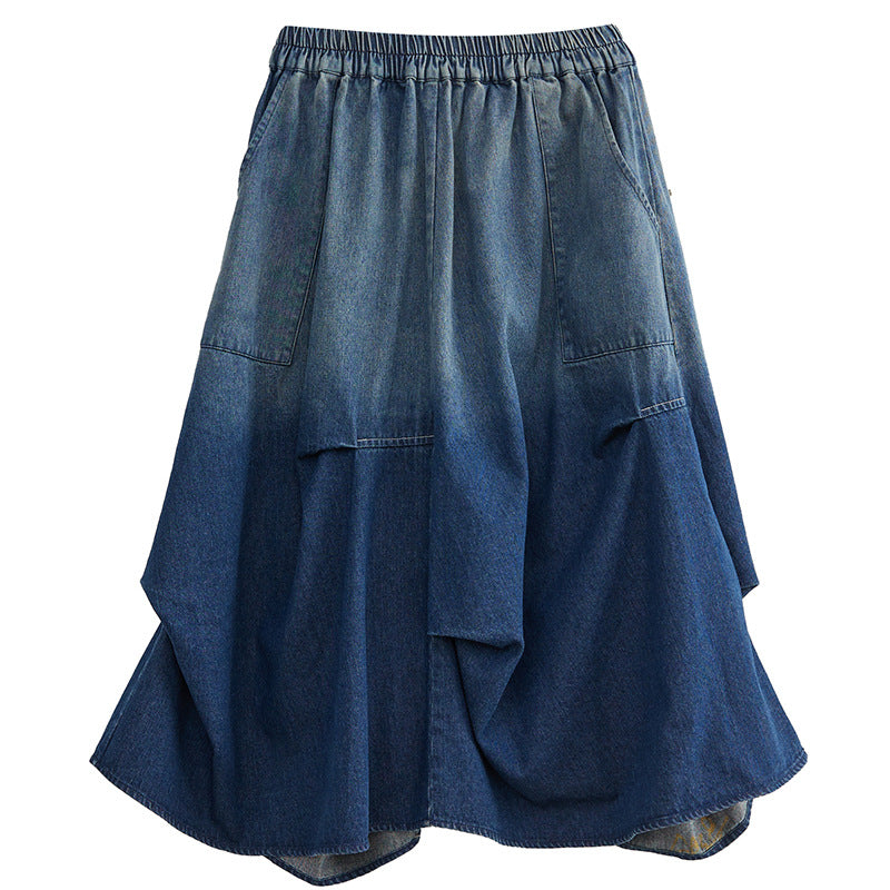 Gradient Pocket Asymmetrical Skirts Loose Elastic Waist Folds 2023 Autumn New Arrival Casual Fashion All Match