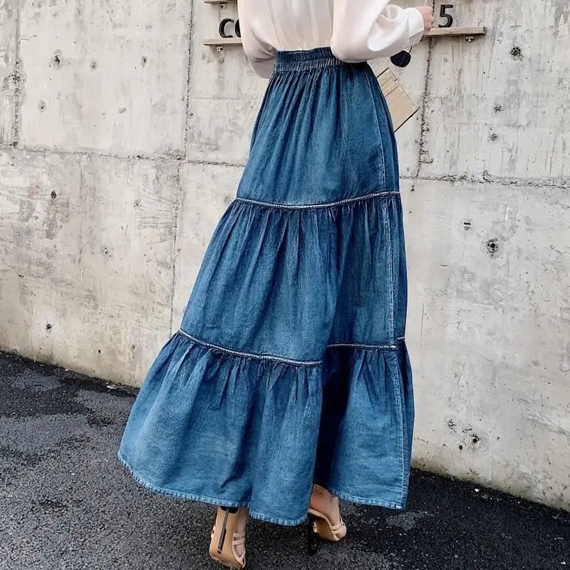 Summer Vintage smocked denim ball gown skirt women elastic waist stitching long cake skirt