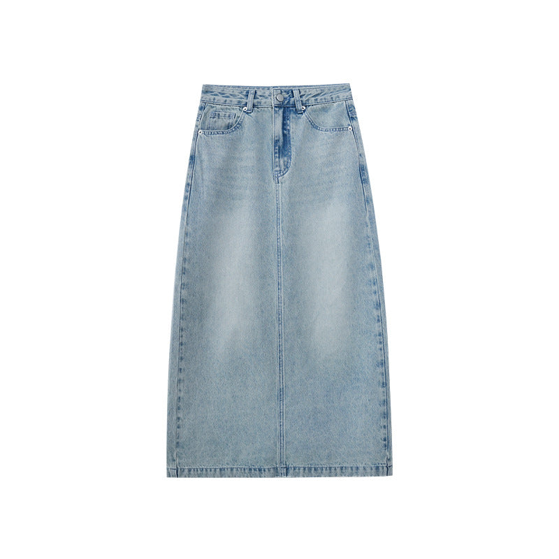 Vintage washed vintage high waisted straight leg denim skirt for women